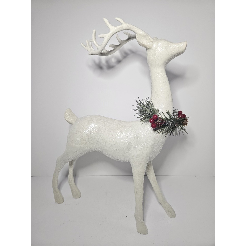 White Glitter Reindeer Christmas Figurine Pine Berry Wreath Tabletop Decor 17"